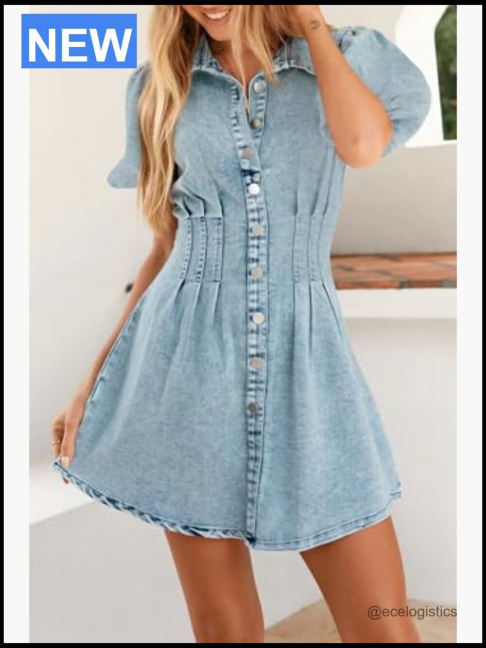 Puff Sleeve Slim Fit Denim Dress A-Line Mini Zip - Picture 3 of 7